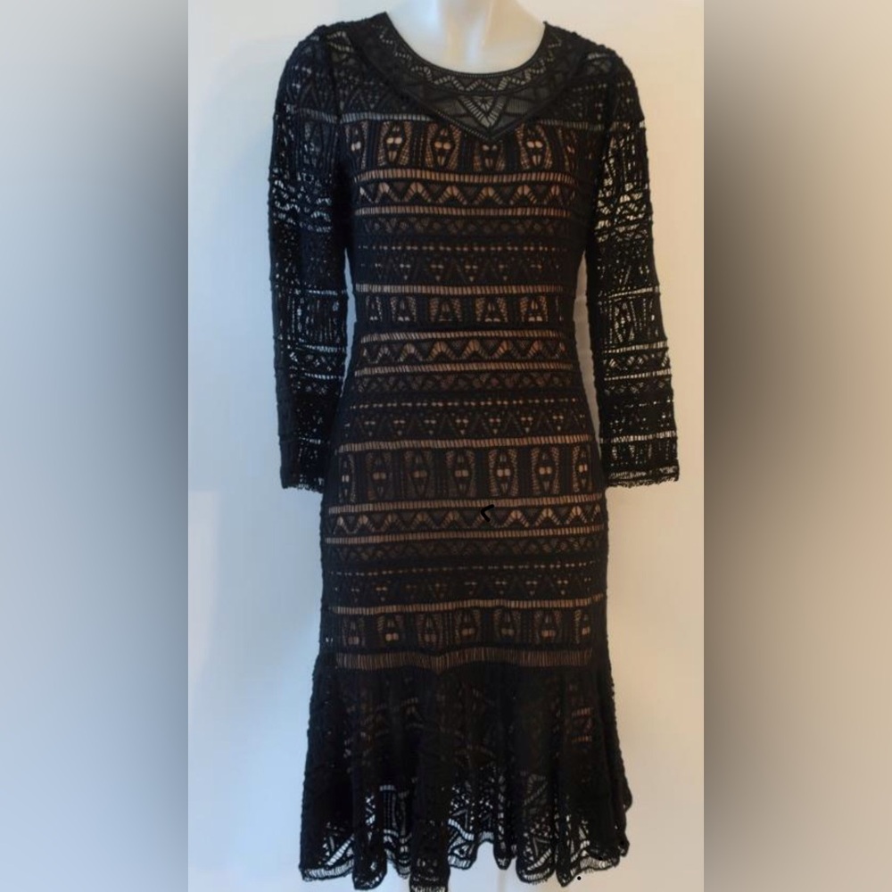 Rebecca Taylor Black Crochet Cocktail Dress with nude lining